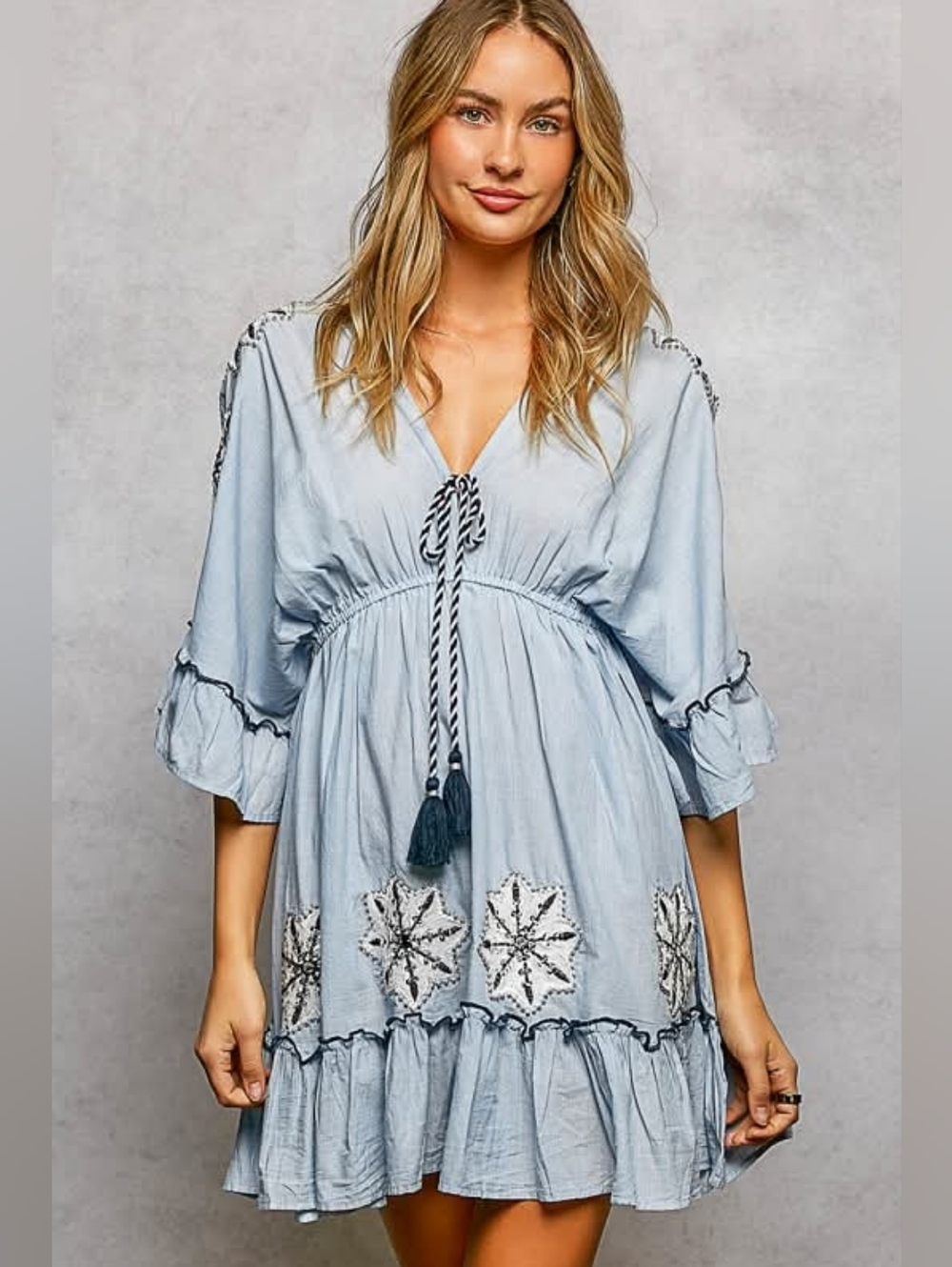 POL Light Blue Embroidered Tassel V-Neck Dress